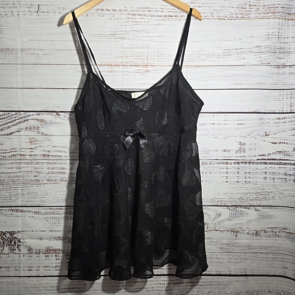 Vtg Y2K Expressions Babydoll Nightie Sheer Lingerie L Coquette Black Hearts
